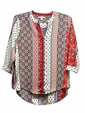 Dana Buchman Women's Size L Split Neck 3/4 Sleeve Multi-Pattern Boho Blouse